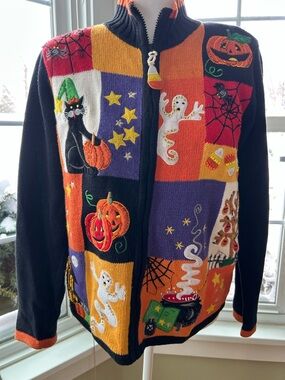 Vintage Tiara International Halloween Sweater Patchwork Zip Black Orange Size M